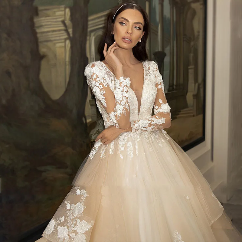 Linha a vestido de casamento 2021 princesa manga longa vestido de noiva com decote em v longo trem apliques rendas vestidos de noiva em camadas 2021 mais tamanho