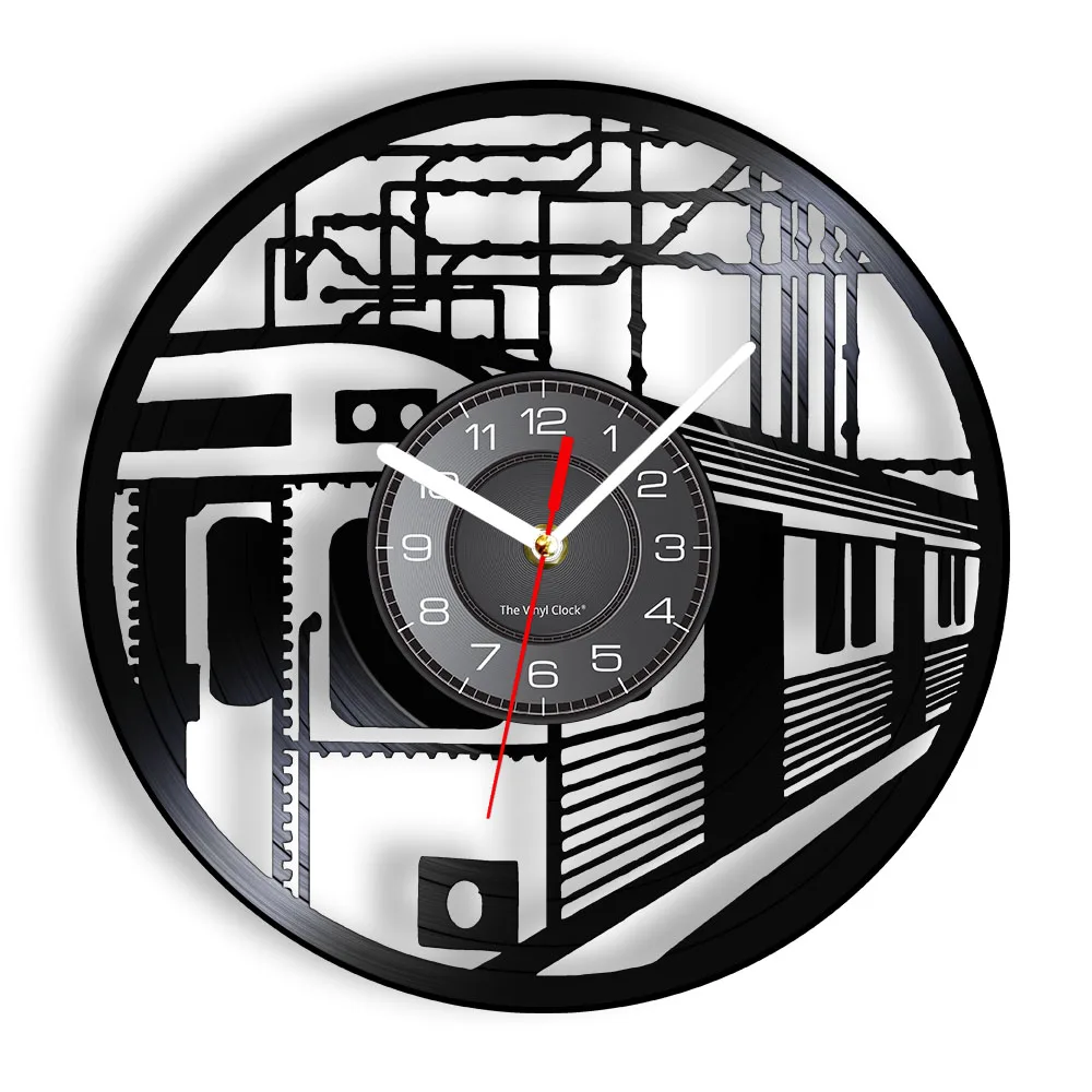 High Speed Railroad Train Retro Vinyl Record Wall Clock Transportation Facility Art Home Decor Watch Times Tickets Engineer Gift