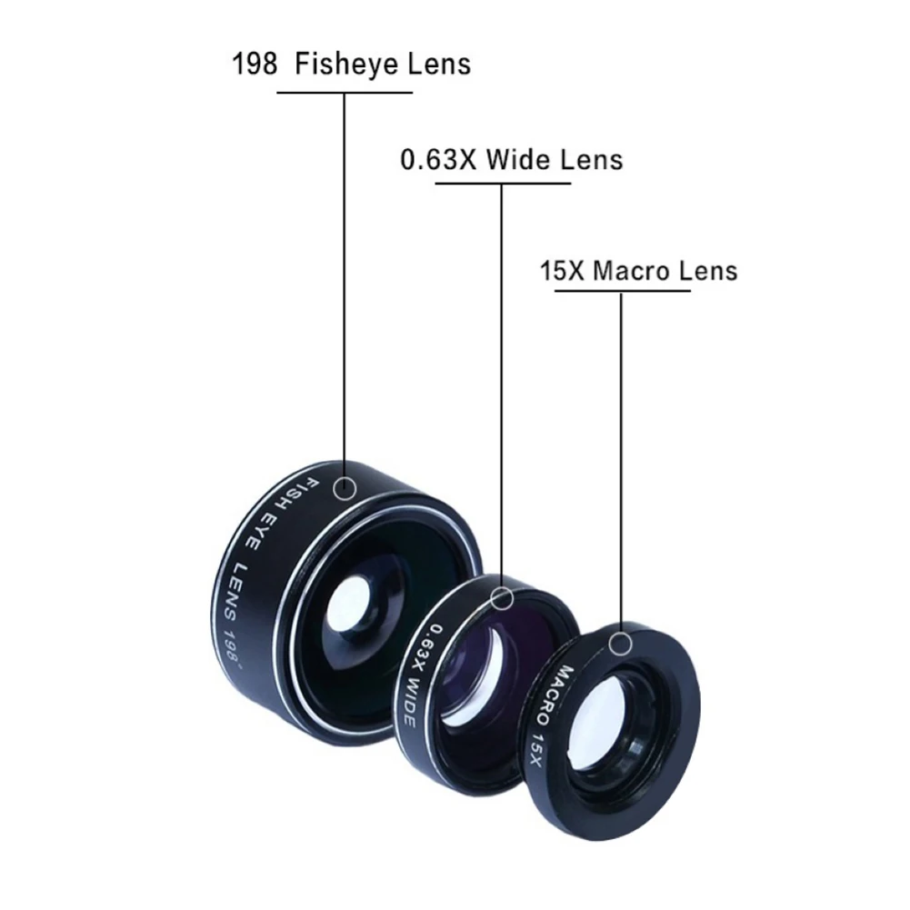 Dropshipping Mobile Phone 198-degree Fish Eye Wide Angle 15X Macro Camera Lens Kit for iPhone Universal Mobile Phone Lens