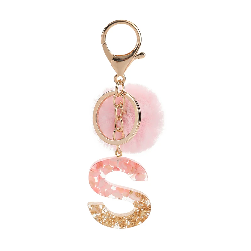1Pc Pink Pompom Letter Keychain English Alphabet Keyring with Puffer Ball Glitter Gradient Resin Car Mirror Handbag Charms view 6