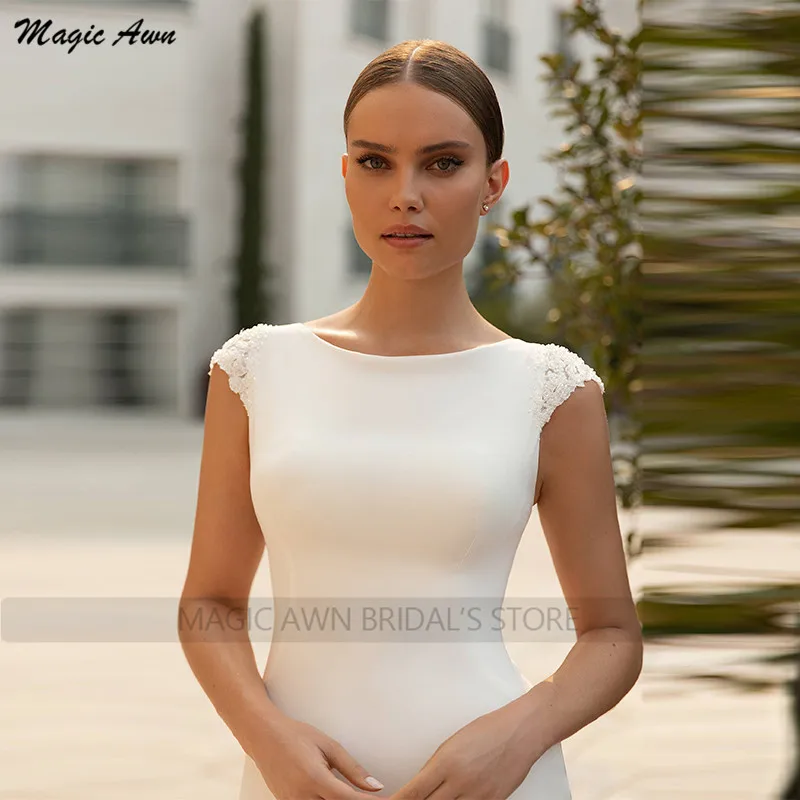 Magic Awn-vestidos de novia sencillos de sirena, apliques de encaje blanco, perlas, cuentas, Mangas de casquillo, satén, bohemio, vestidos de fiesta de boda para novia