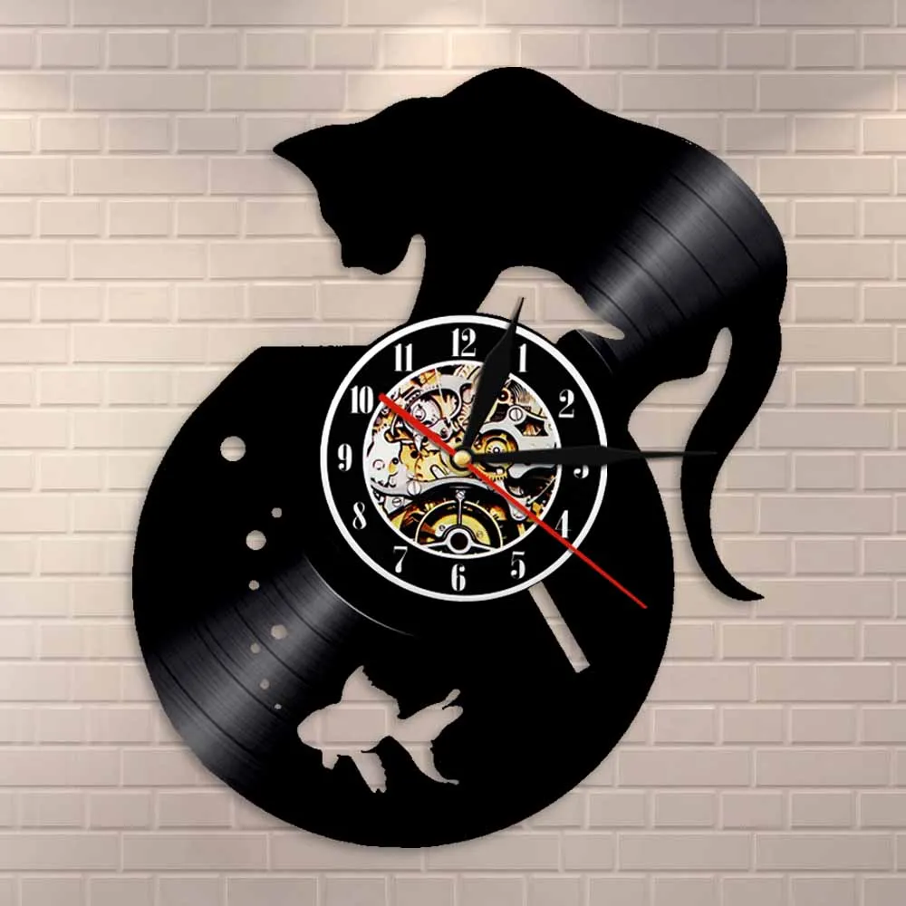 Cat Catch The fish Wall Art Decor Clock Kitty Animal Wall Clock Modern Design Vinyl Record Hanging Bedroom Decor 3D Watches