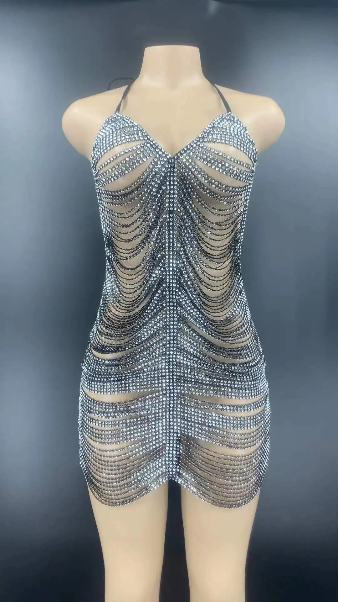 Vestido curto brilhante com corrente de strass prateado para mulheres, traje drag queen, performance de clube noturno, roupa de aniversário, dança