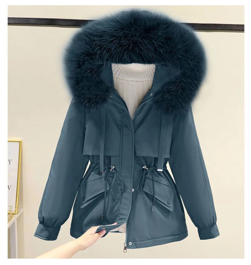 Cotton Padded Plus Size 2XL Winter Big Fur Jacket Women Loose Slim Warm Hooded Parka Coat Down jacket