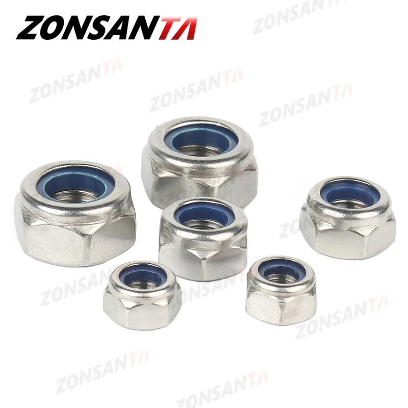 ZONSANTA Nylon Locknut 304 Stainless Steel Hex Hexagon Lock Nut DIN985 M2 M2.5 M3 M4 M5 M6 M8 M10 M12 M14 M16 M20 Non slip nuts