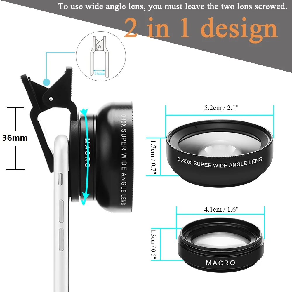 TOKOHANSUN 0.45X Wide Angle+12.5X Macro Lens Professional HD Mobile Phone Camera Lens For iPhone X 8 7 6 6S Plus Xiaomi Samsung