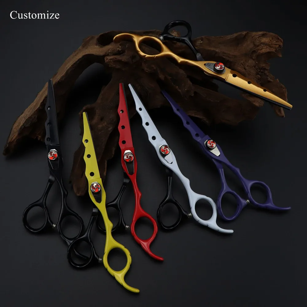 Customize logo Japan 440c 6 '' 7 colors flame gem hair scissors haircut thinning barber cutting shears hairdresser scissors set