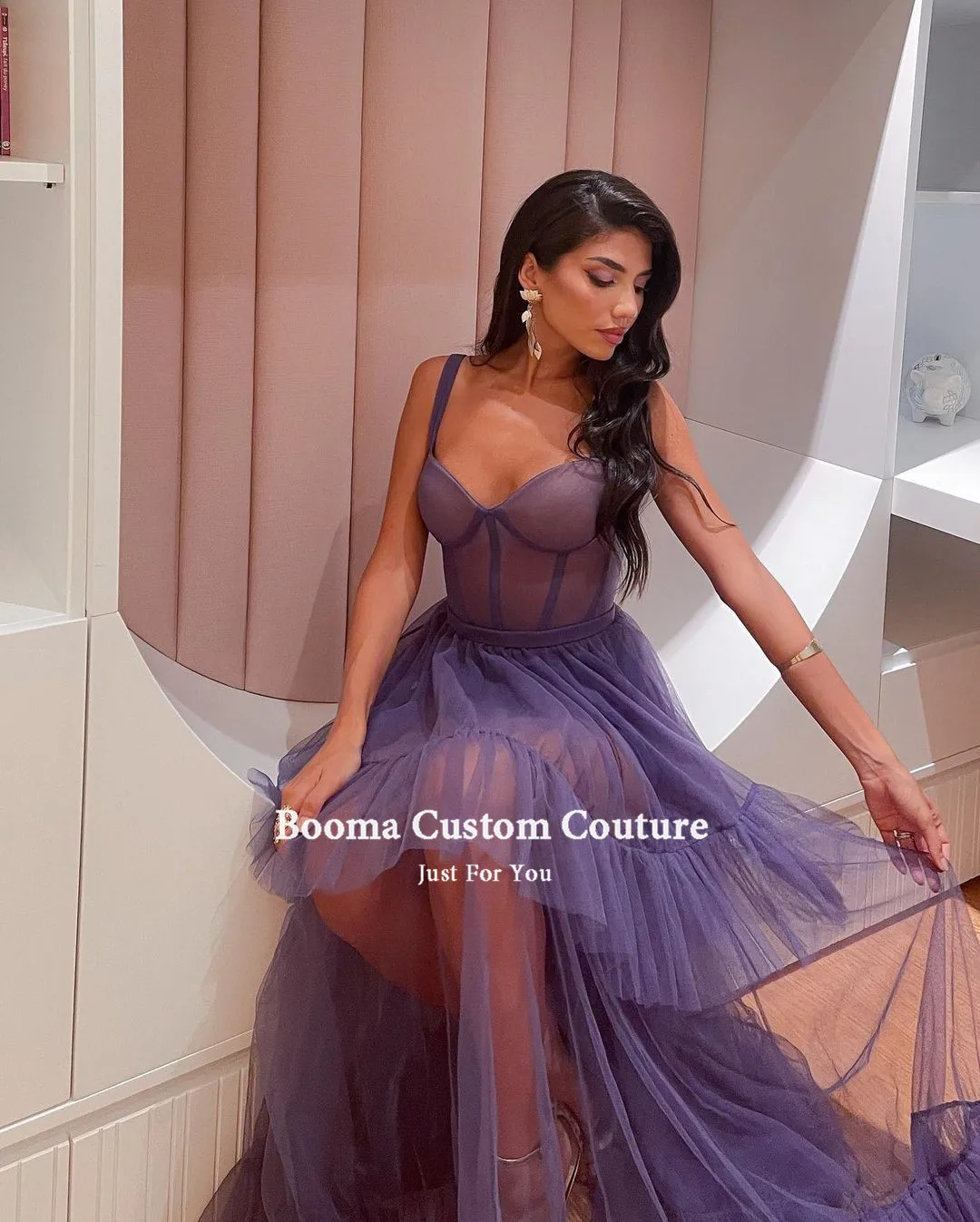 Booma – robe de bal en Tulle violet, à plusieurs niveaux, effet d'illusion, bretelles Spaghetti, jupe à volants, ligne a, robes de soirée formelles, 2021