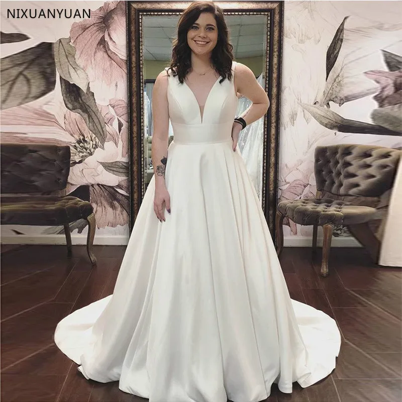 

Sleeveless V-neck A-line Wedding Dress Custom White Ivory Satin Brush Train Vestido De Novia 2023 Bridal Dresses