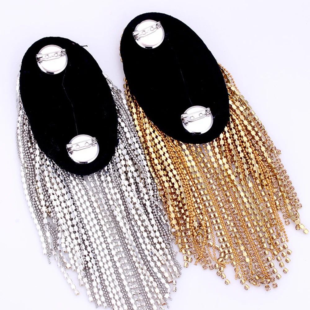 Shoulder Jewelry Tassel Rhinestones Epaulettes DIY T Shirt Clothing Accessories Gold Silver Brooch Epaulet Shoulder Brooches 1PC