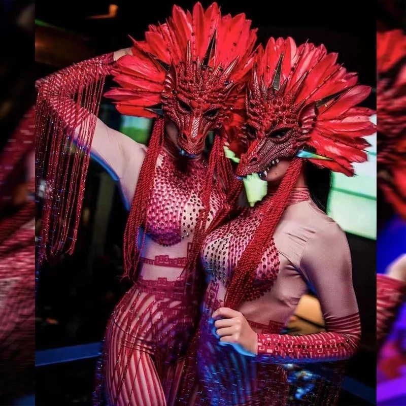 Nightclub Dj Ds Gogo Dance Cosplay Costume Red Feather Dragon Headress Chinese Jumpsuit Festival Outfit