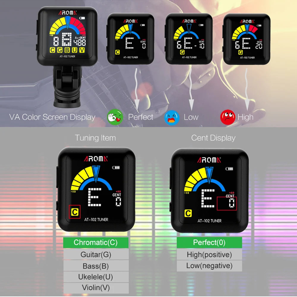 AROMA AT-102 Rechargeable Clip-on Guitar Tuner Color Screen with Built-in Battery USB Cable for Chromatic Guitar Bass Ukulele