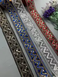 2 Yards African Lace Trims Silver multicolor 5cm Sequins Geometric Lace Ribbon DIY Sewing Dress Decoration Lacework Materials