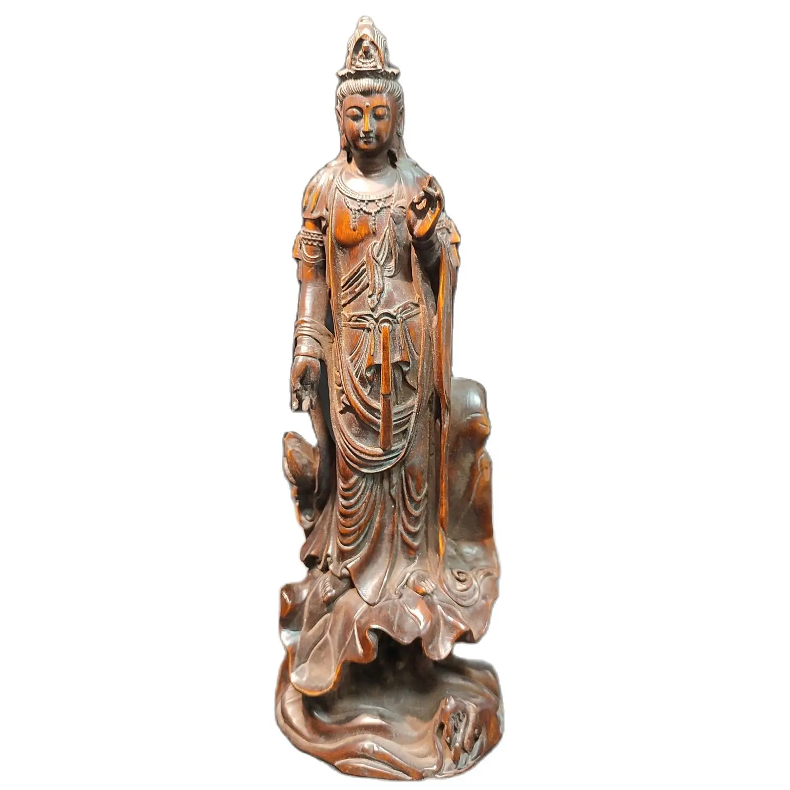 Chinese Carved Wood Buddha Statue Guanyin Wooden Guan Quan Kwan Yin Shiva Buddhist Supplies Decorative Figures Sculpture Goddess