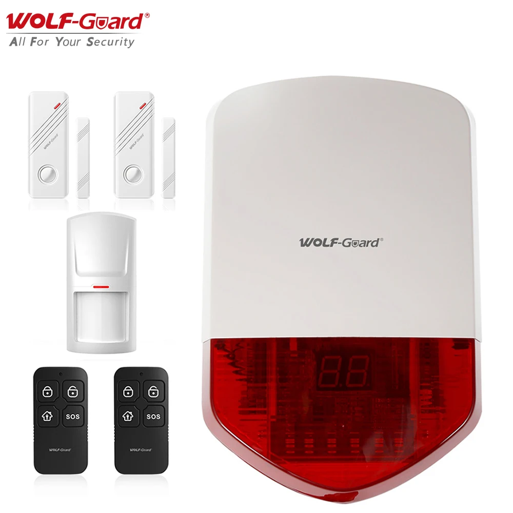 

Wolf-Guard Outdoor Wireless Alarm Siren DIY Kit Home Security System with PIR Detector /Door Sensor /Remote Control 110dB