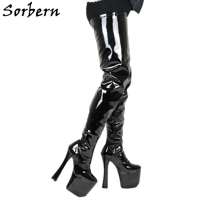 

Sorbern Yellow Patent Crotch Thigh High Boots Women Block High Heels Custom Wide Calf Long Boot Platform Chunky Heel Shoes