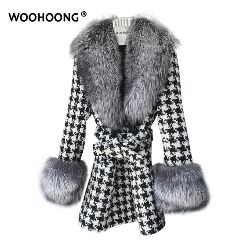 

Winter Real Fur Coat Women Long Silver Fox Red Fox Women's Natural Fur Coat Fur Collar Houndstooth Fashion Luxury New