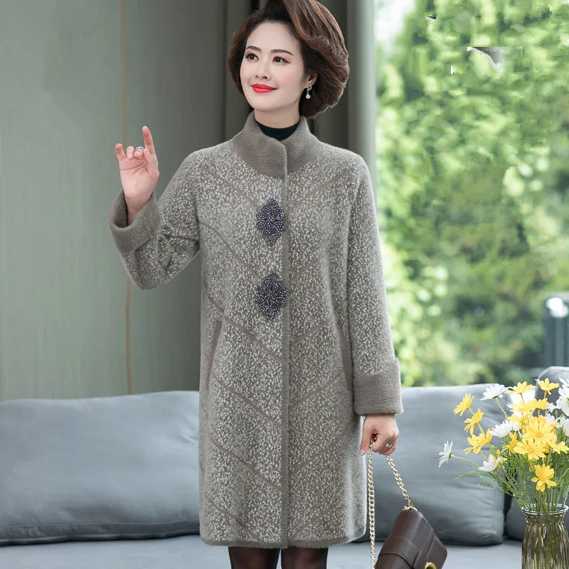 UHYTGF Autumn Winter Coat Women Quality Mink Fleece Casual Female Woolen Jacket Mid-Length Loose 6XL Big Size Outerwear 1075