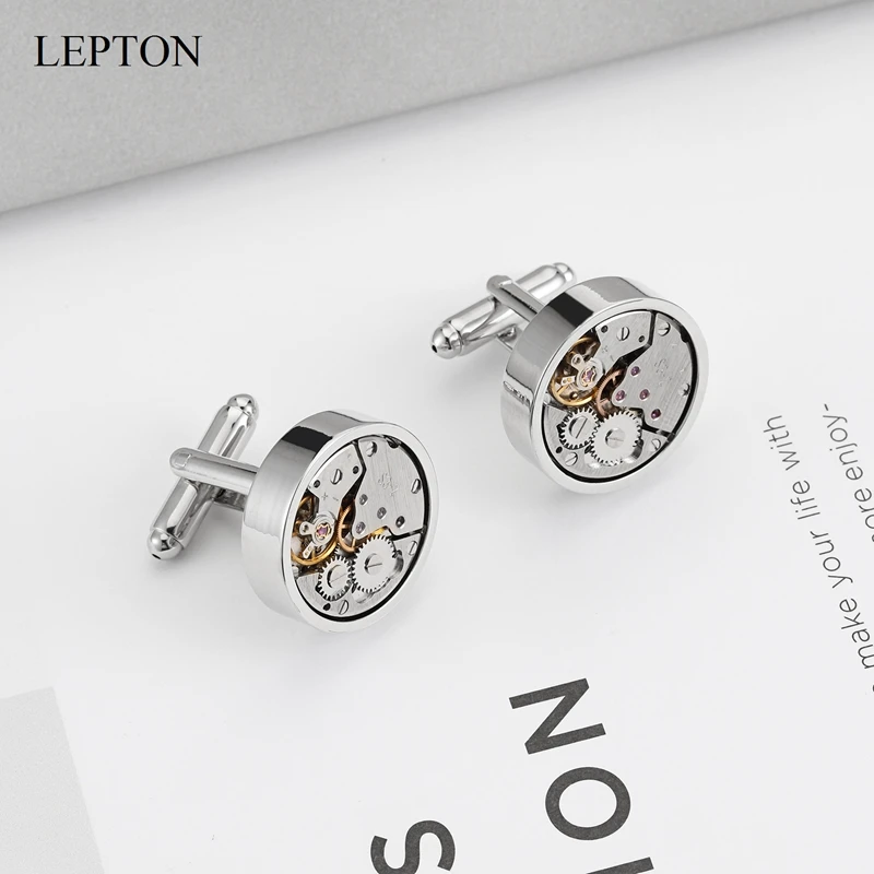 Lepton Non-Functional Watch Movement Cufflinks Wedding Groom Silver Color Round Steampunk Gear Watch Mechanism Cuff links