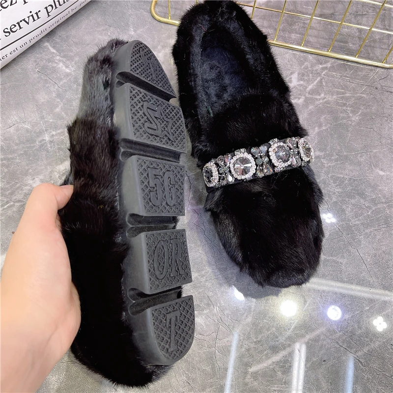 Black Women Crystal Casual Loafers Winter Warm Fur Smoking Shoes Woman Big Size Espadrilles Ladies Flats Creepers