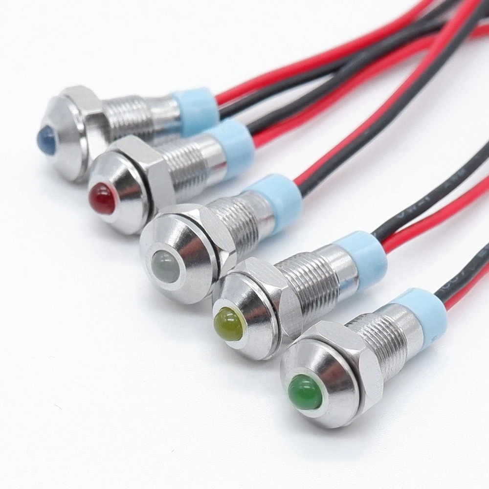 1pcs 6mm Metal Indicator Light 6V 12V 24V 110V 220v Ball Head LED Signal Lamp with Wire Red Yellow Blue Green White Highlighted