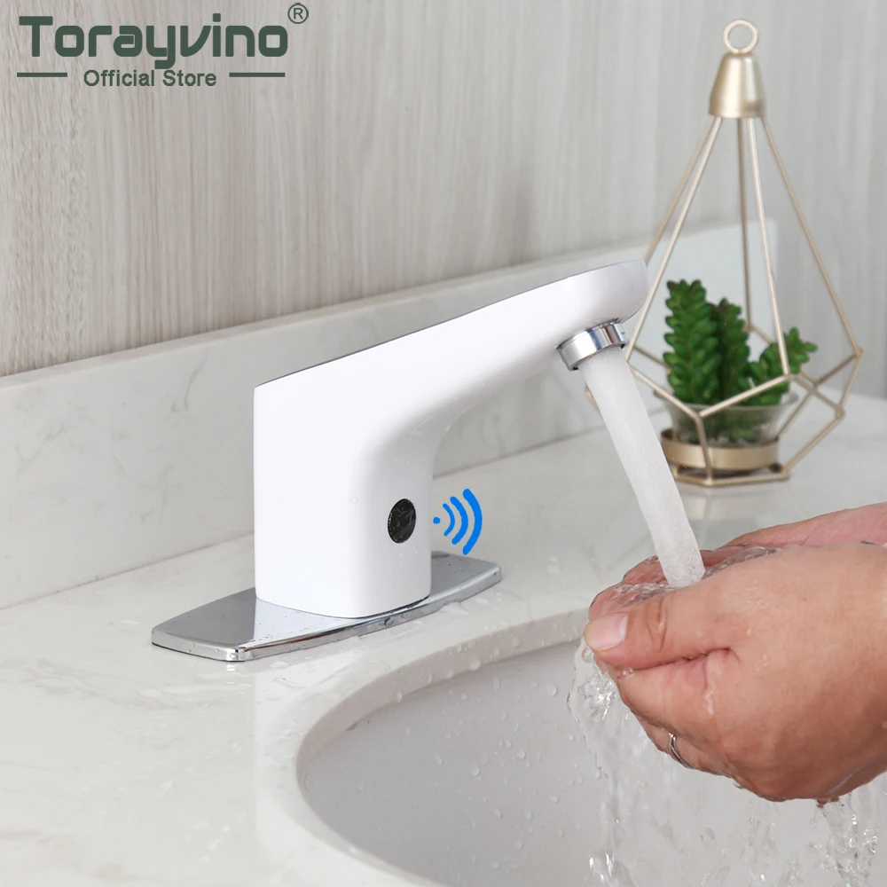 Torayvino White Bathroom Vessel Basin Automatic Hand Sensor Faucet Deck Mounted Mixer Water Tap With Chrome Cover Plate Set