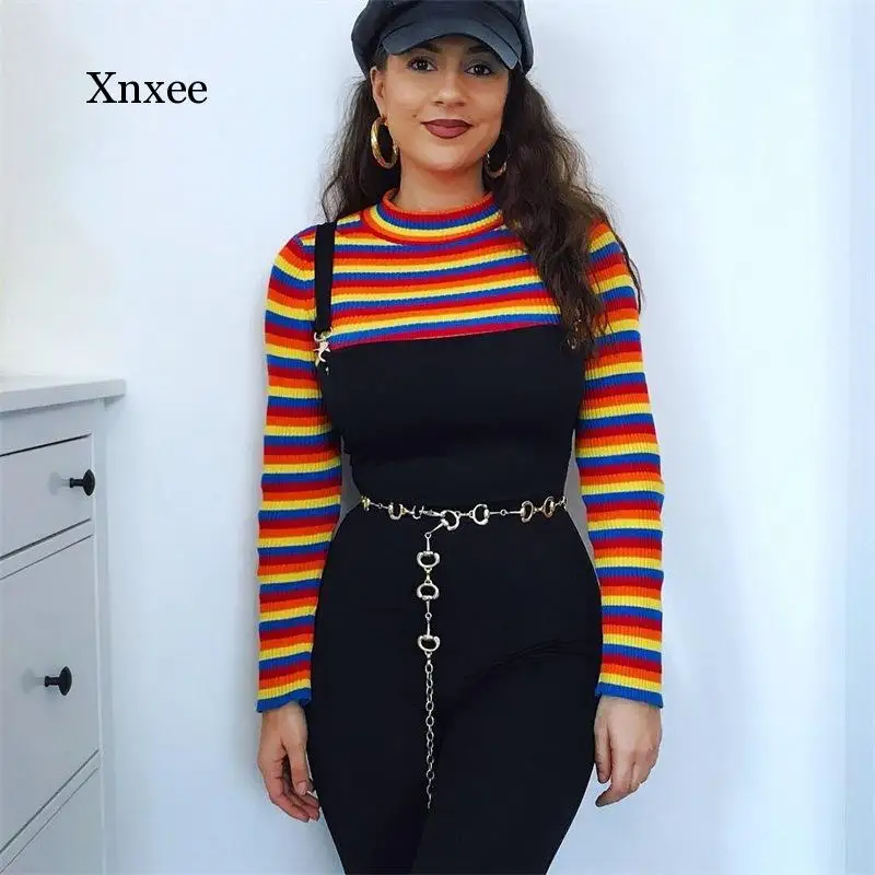 Fashion Rainbow Stripe Longsleeve Knitting Top Women\'s Spring Sweater Female Sweater Ladies High Collar Short Corp Tops Shirts