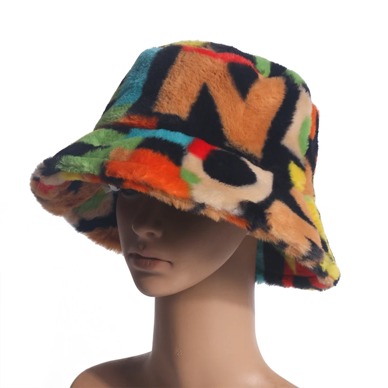 FOXMOTHER New Outdoor Multicolor Rainbow Faux Fur Letter Pattern Bucket Hats Women Winter Soft Warm Gorros Mujer