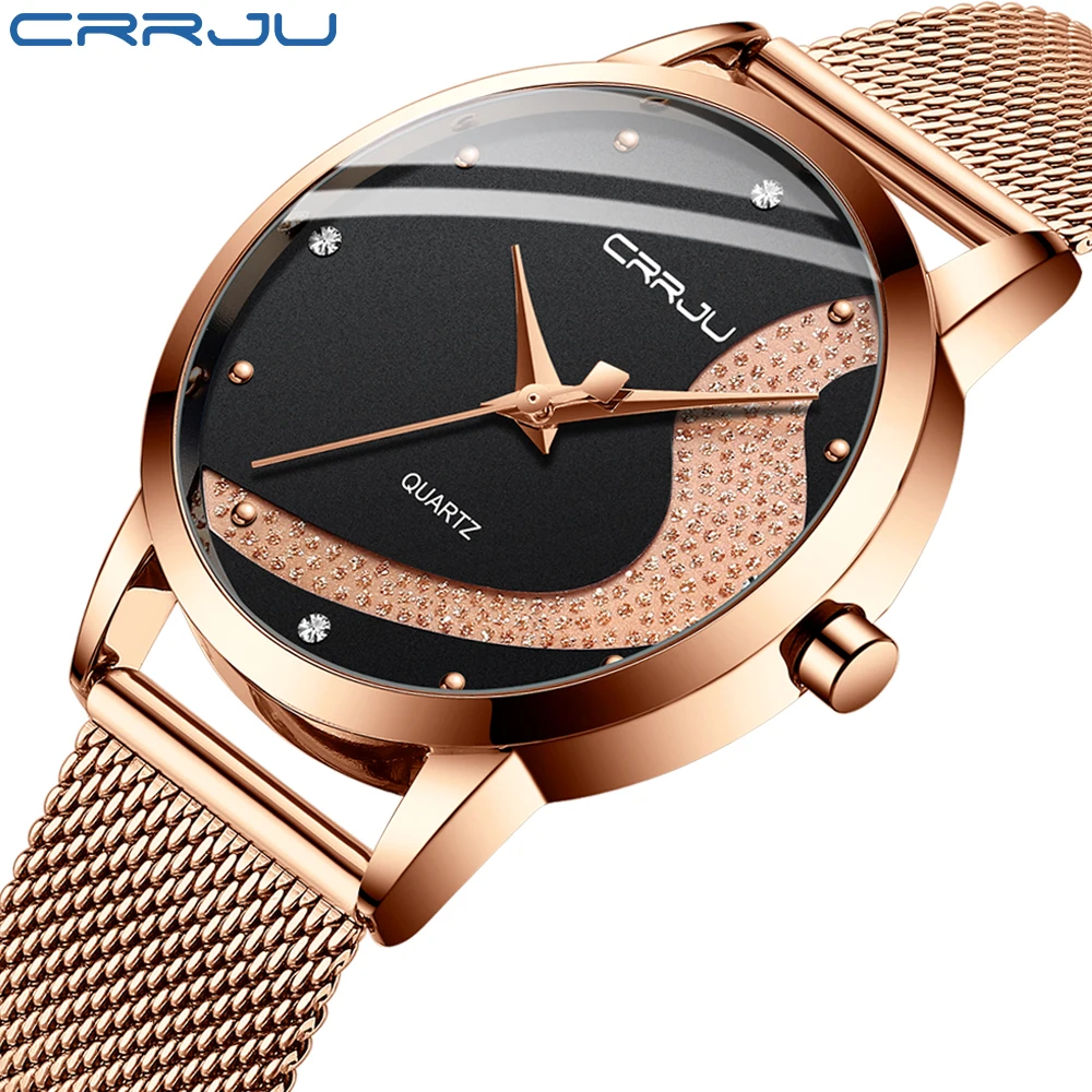 CRRJU-Montre à Quartz Étanche pour Femme, Marque de Luxe, Strass, Décontracté, Robe Galaxy, Maille