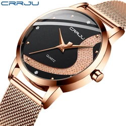 Relógio feminino crrju marca superior luxo strass relógios casuais à prova dwaterproof água de quartzo senhoras vestido galaxy malha relógios relogio feminino