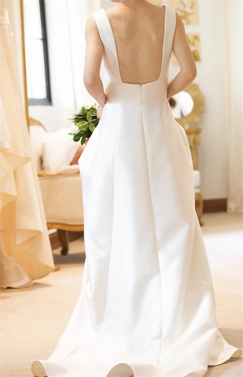 Sweep Train A-Line Vintage Wedding Dress 2021 Korean Soft Satin Boat Neck Sleeveless Bridal Gowns vestidos de mairee Wedding