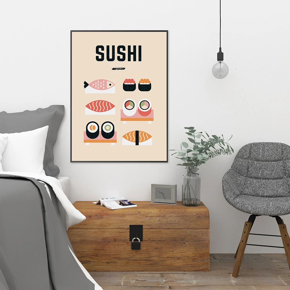 Sushi Funny Food Posters Minimalist Food Print Vintage Canvas Painting Japanese Retro Kitchen Wall Pictures Home Decoration