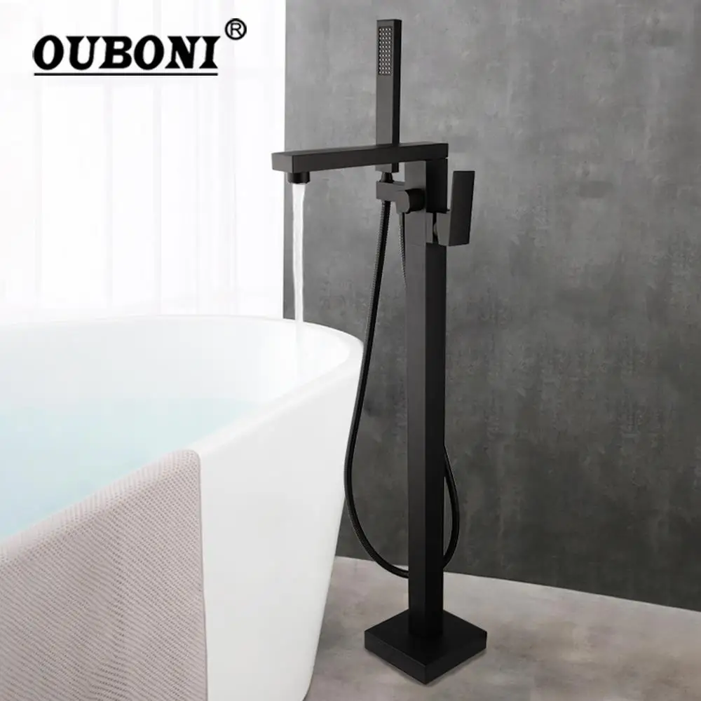 OUBONI Floor Mounted Chrome Polish Bathtub Shower Set Matte Black Floor Stand Free Standing Tub Filler Solid Brass Shower Faucet