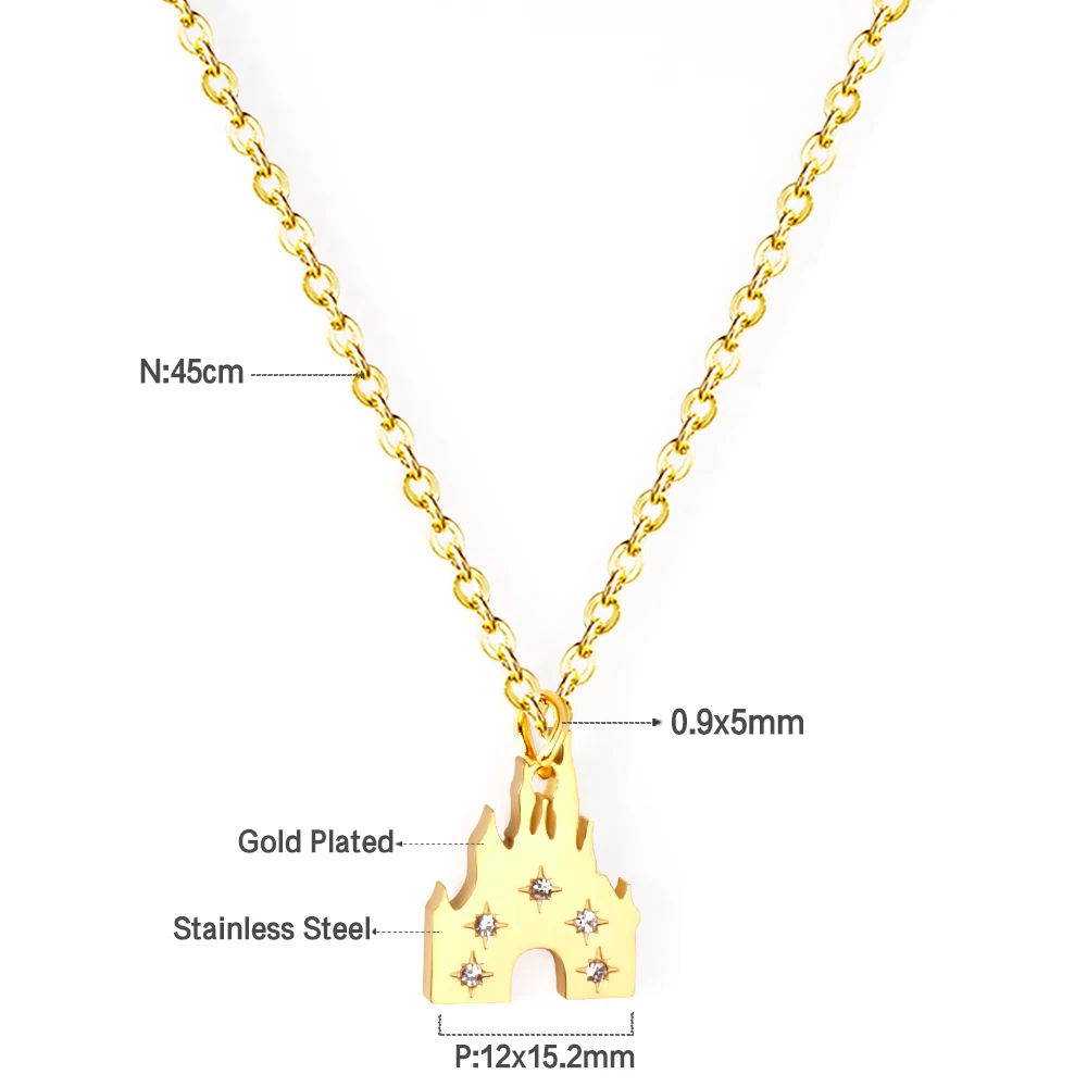 LUXUSTEEL Golden Color Castle Cubic Zirconia Pendant Necklace Women Trendy Stainless Steel Chain Necklace Collars Wedding Party