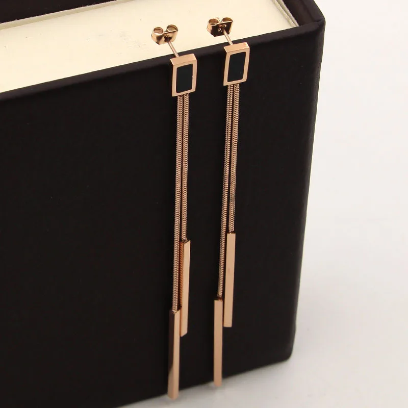 Fashion New Tassel Earrings Black Square Snake Bone Rectangular Strip Rose Gold Color Earring For Women Jewelry Wholesale