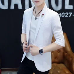 Solid Color Casual Men's Spring Summer Thin Suits Korea Slim Fit Jacket Short Sleeve Top Small Suit Single Button Coats Clothing