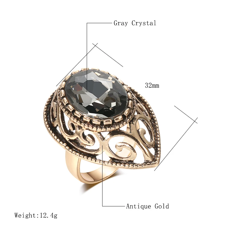 Wbmqda Boho Ethnic Bride Wedding Crystal Ring Antique Gold Color Hollow Flower Big Zircon Stone Rings For Women Turkish Jewelry