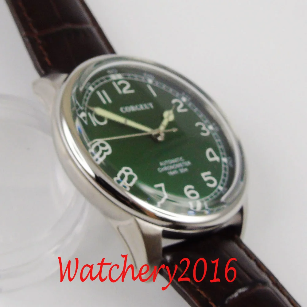 CORGEUT 41mm Green Dial Luminous Movement Automatic Mens Watch  Steel Case Leather strap