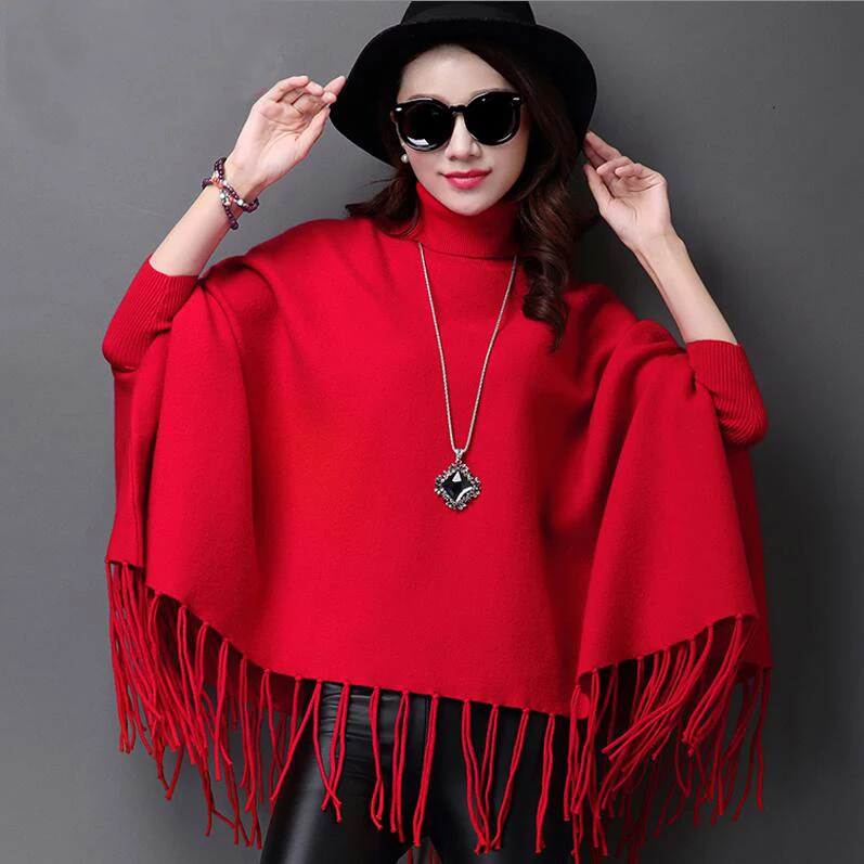 Turtleneck Cloak Sweater New Fashion Solid Knitting Poncho Batwing Sleeve Swing Tassel Hem Wrap Sweater Female