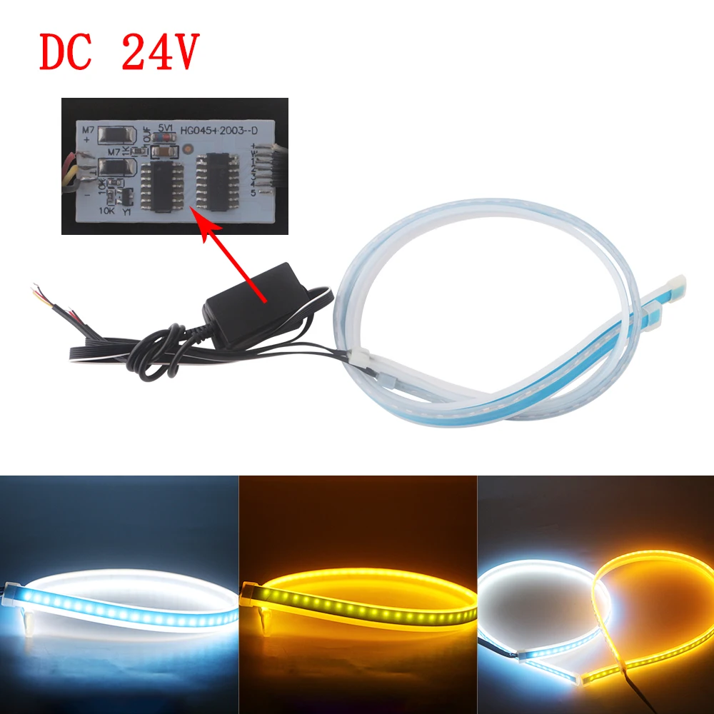 

DC 12V 24V 2pcs White/Blue&Amber 30cm 45cm 60cm Car Trucks Streamer Flowing Flexible Daytime Running Light Turn signal LED Strip