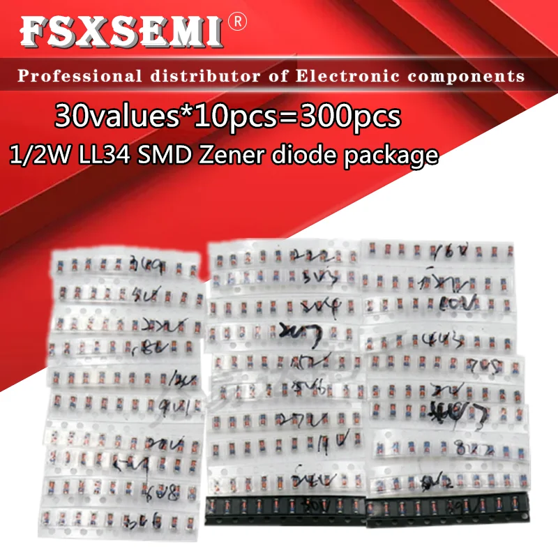 30values *10pcs=300pcs LL34 SMD Zener diode package Assorted Kit 1/2W 2v-39v