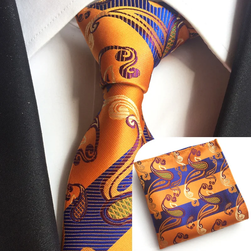 New Silk Classic Paisley Neck Tie&Pocket Square Hanky Suit Set Wedding Men\'s Tie Handkerchief Gold Purple Pink Blue Yellow