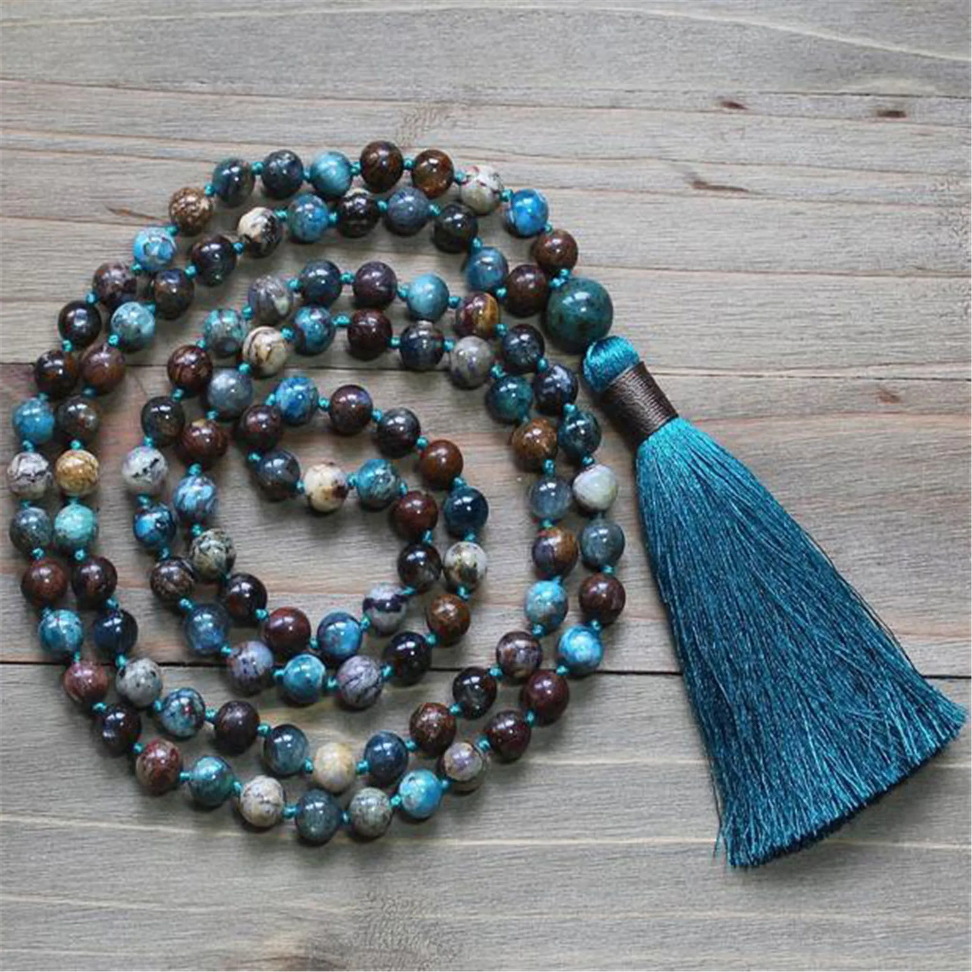 

8mm Natural Blue Apatite Unisex 108 Beads Handmade Tassel Necklace Cuff Buddhism Mala Meditation Chakra Religious Yoga Prayer