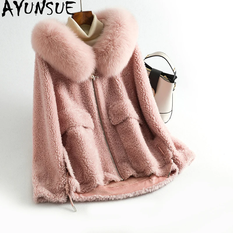 

AYUNSUE Real Fur Coat Female Fox Fur Collar 100% Wool Coats Fall Winter Jacket Women Clothes 2020 Lamb Fur Jacket Korean Outwear