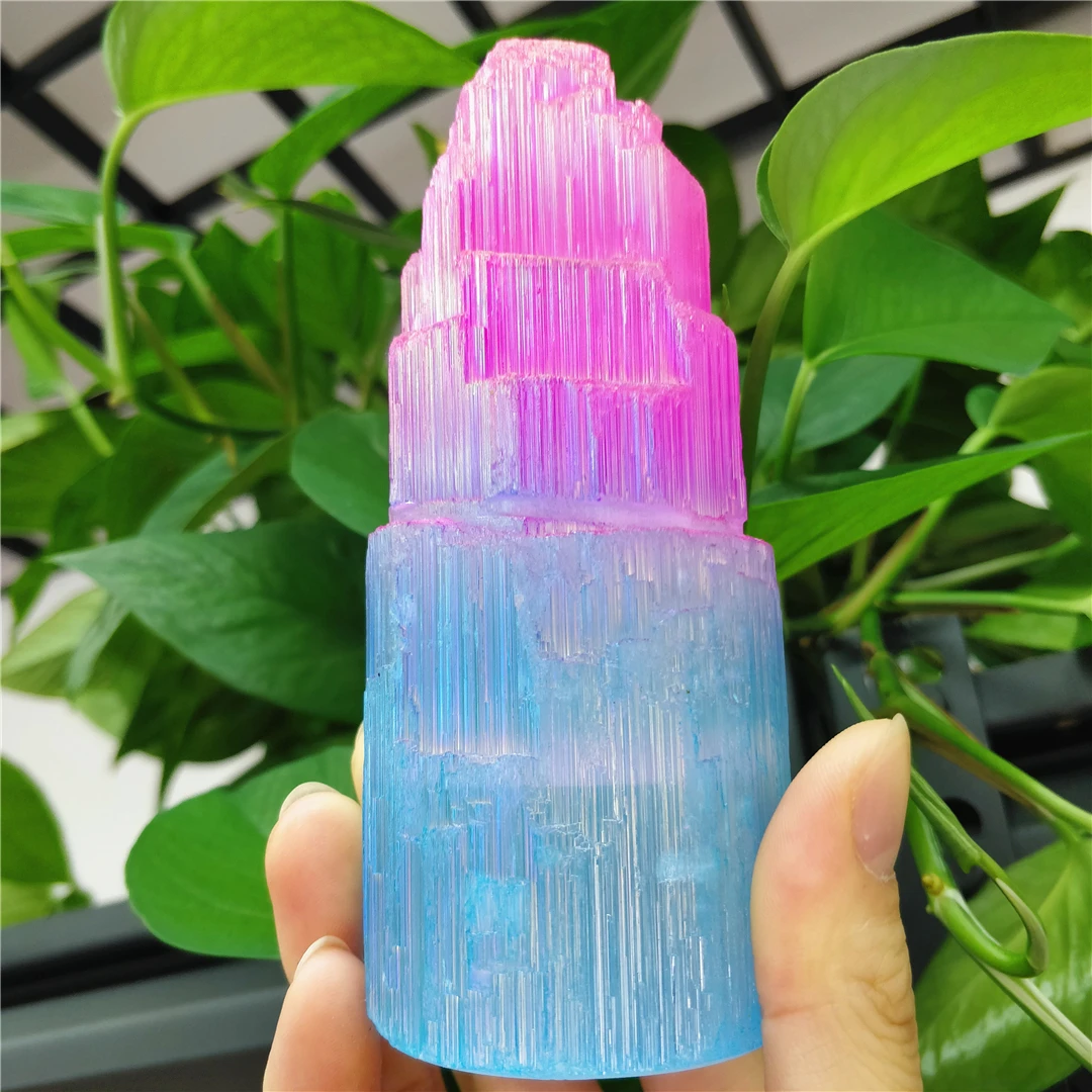 Pink Blue Electroplated Natural Selenite Two Tune Lamp Base Gypsum Tower Ornament Healing Crystals Stones Bedroom Decorations