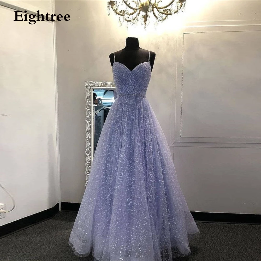 Glitter 2 Designs Lavender A Line Spaghetti Long Evening Prom Dresses Sweetheart Sleeveless Formal Party Gown Graduation Dress