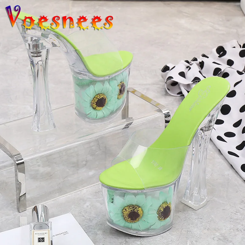 

Women Models Stage Sandals Summer Thick Super High Heels 17CM Sunflower Platform PVC Slippers Transparent Crystal Wedding Shoes