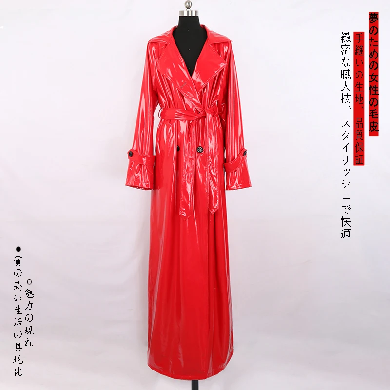 Nerazzurri Autumn Extra Long Soft Red Reflective Shiny Patent Leather Trench Coat for Women Double Breasted Maxi Korean Fashion