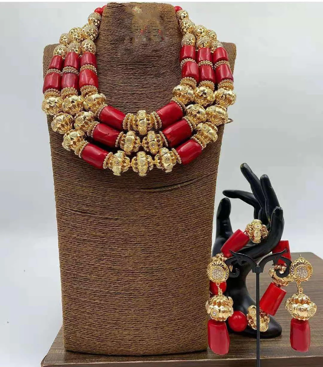 

Red Coral Copper Gold Indian Bridal Party Jewelry Set Luxury 3 Layers Nigerian Wedding African Beads Jewelry Set ABG14