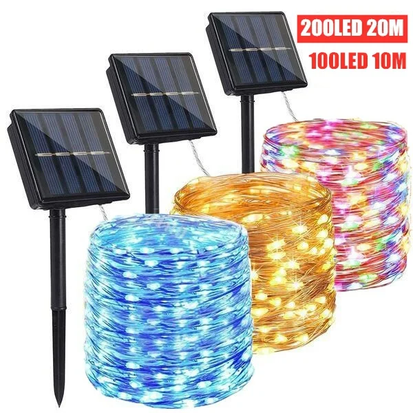 LED açık Solar lamba dize işıklar 100/200 LEDs peri tatil noel partisi çelenk güneş bahçe su geçirmez Garland dekor